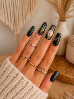 4/$15 Dark Green Floral Press On Nails | Boho Cottagecore Forest Fairy Set